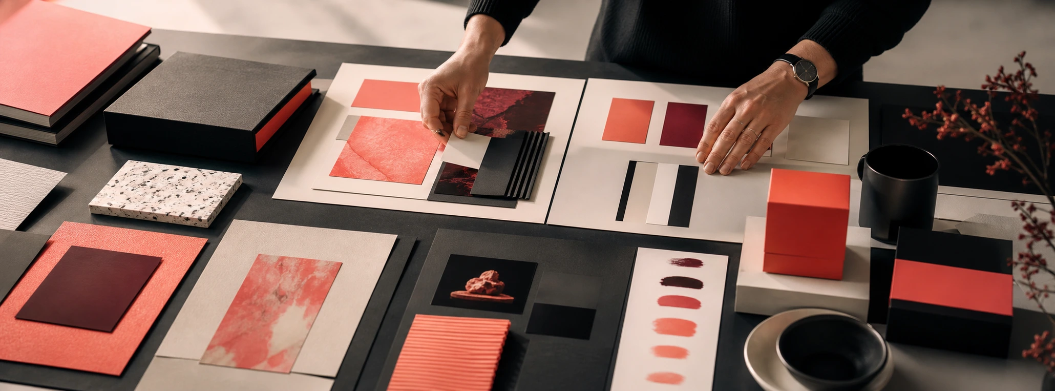 Brand strategy materials arranged on a creative studio table