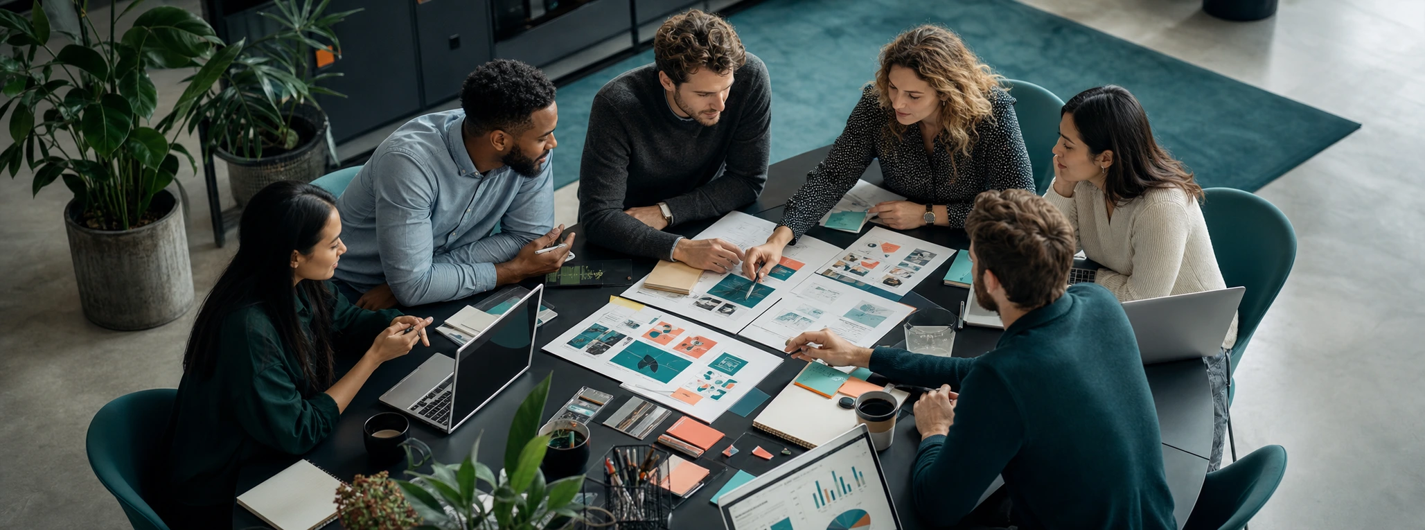 Integrated marketing team collaborating around one campaign plan